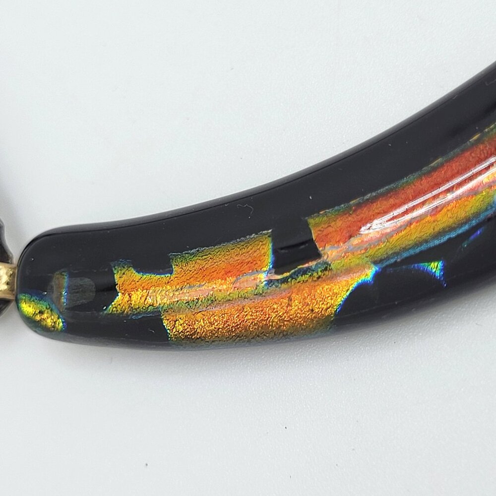 Curved Dichroic Fused Glass Pendant Gauze Double Strand Necklace 17" Signed TB - Picture 7 of 12